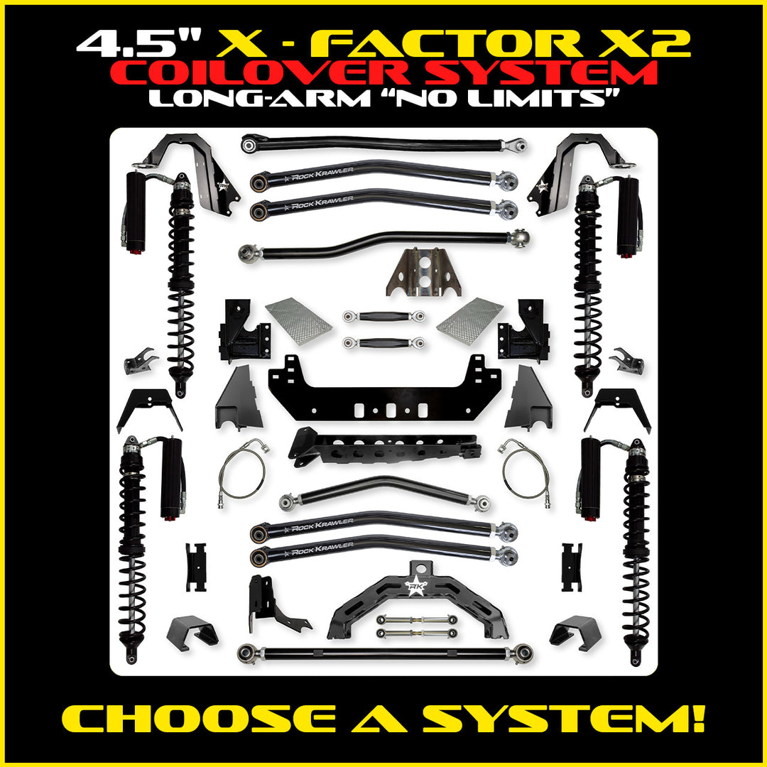 Rock Krawler 4.5 Inch X Factor X2 No Limits Long Arm System - Gladiator JT - Comp System and Trail Runner coilover packages