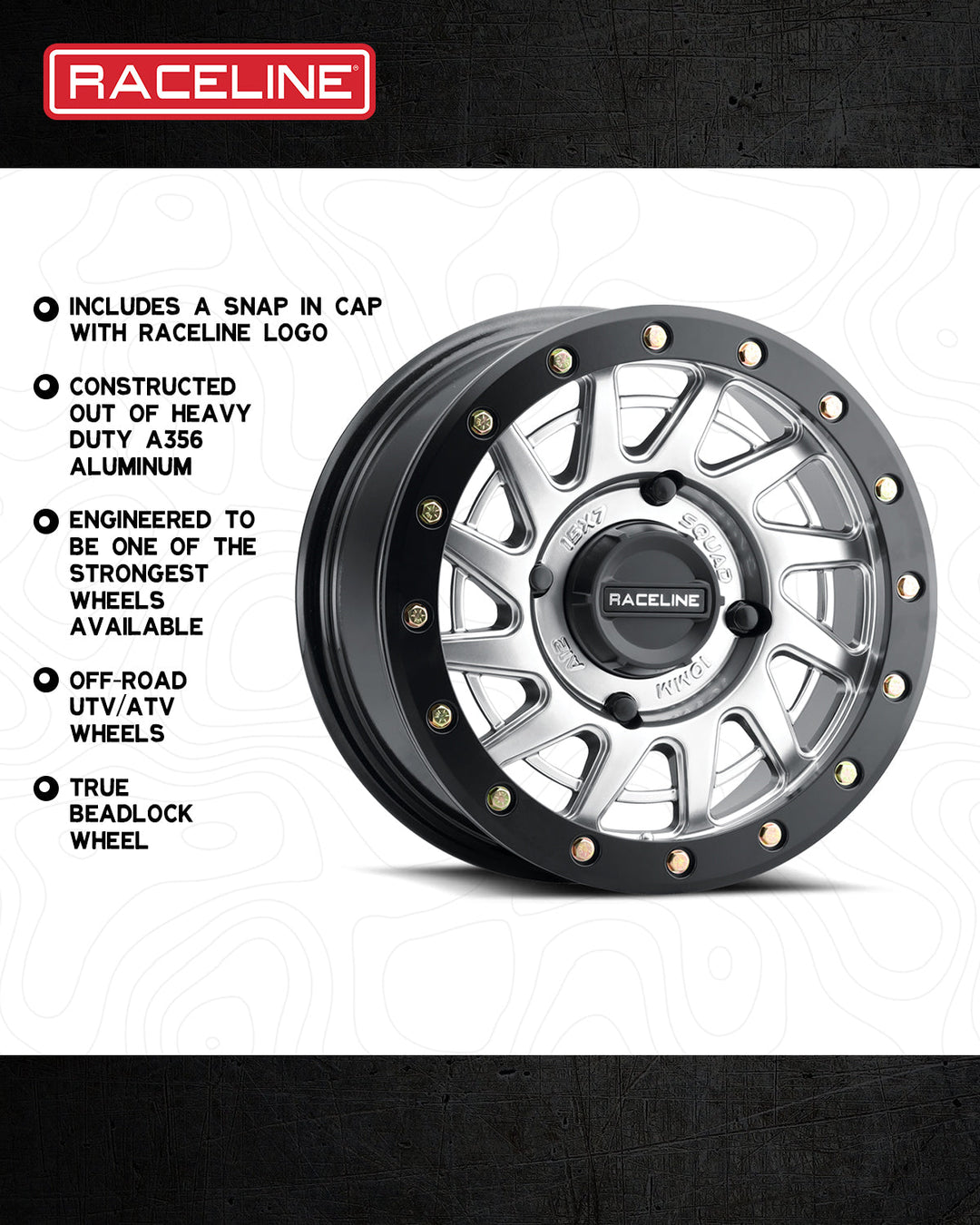 Raceline Squad Beadlock UTV A12SB 15x7 4 on 156 +38 Offset Hyper Silver Satin Black Beadlock Ring