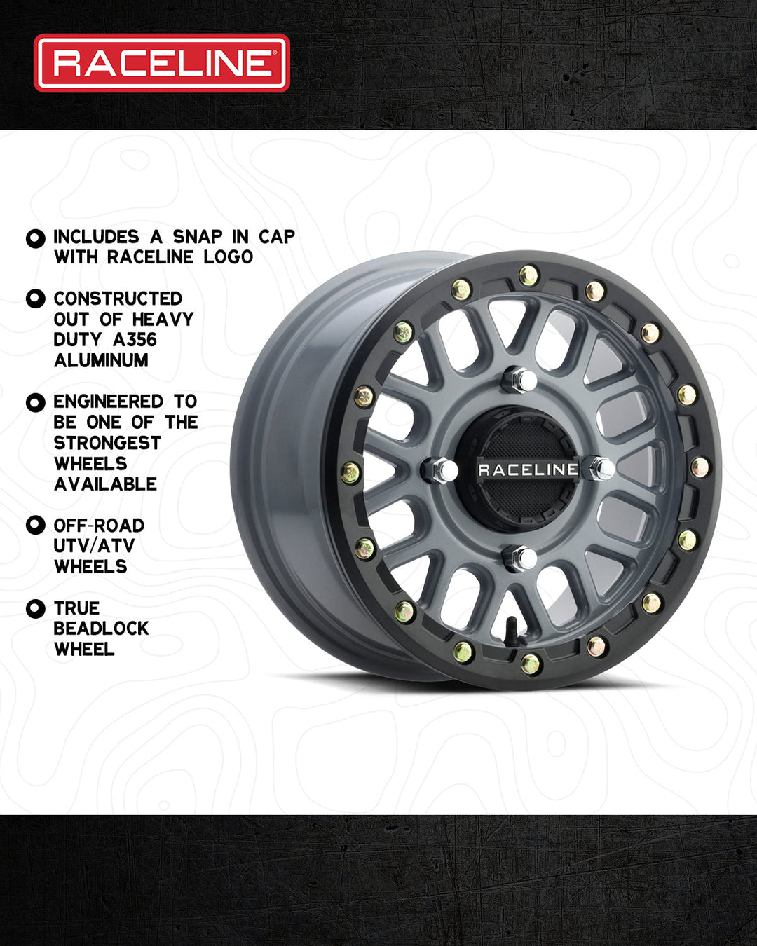 Raceline Podium Beadlock UTV A93SG 14x7 4 on 156 +10 Offset Stealth Grey