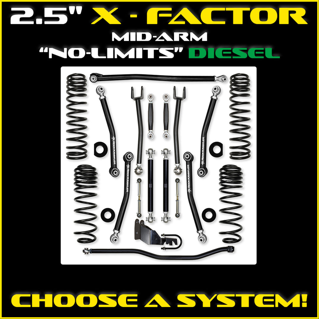 Rock Krawler JLU 2.5" X-Factor Diesel Mid-arm "No-Limits" System