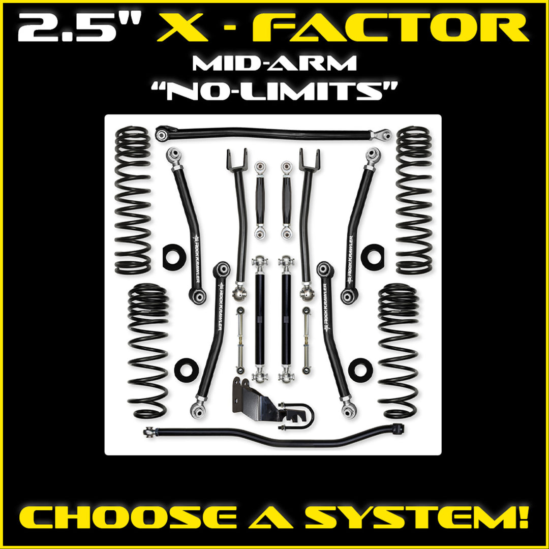 Rock Krawler JLU 2.5" X-Factor Mid-arm "No-Limits" System - Gas 4 Door Rubicon