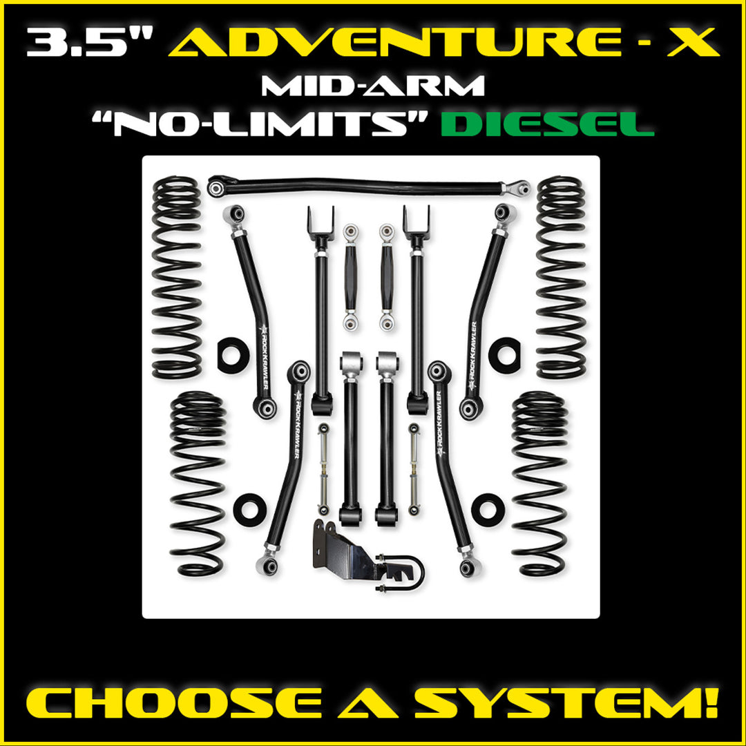 Rock Krawler JLU 3.5" Adventure - X Diesel Mid-arm "No-Limits" System - Rubicon 4 Door - Skinny Pedal Racing