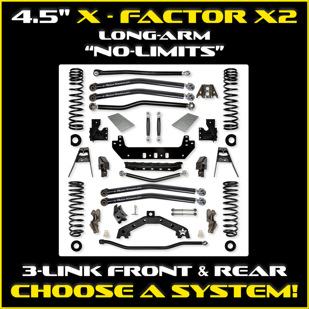 Rock Krawler JLU 4.5" X - Factor X2 "No-Limits" Long-Arm System - Gas 4 Door Rubicon