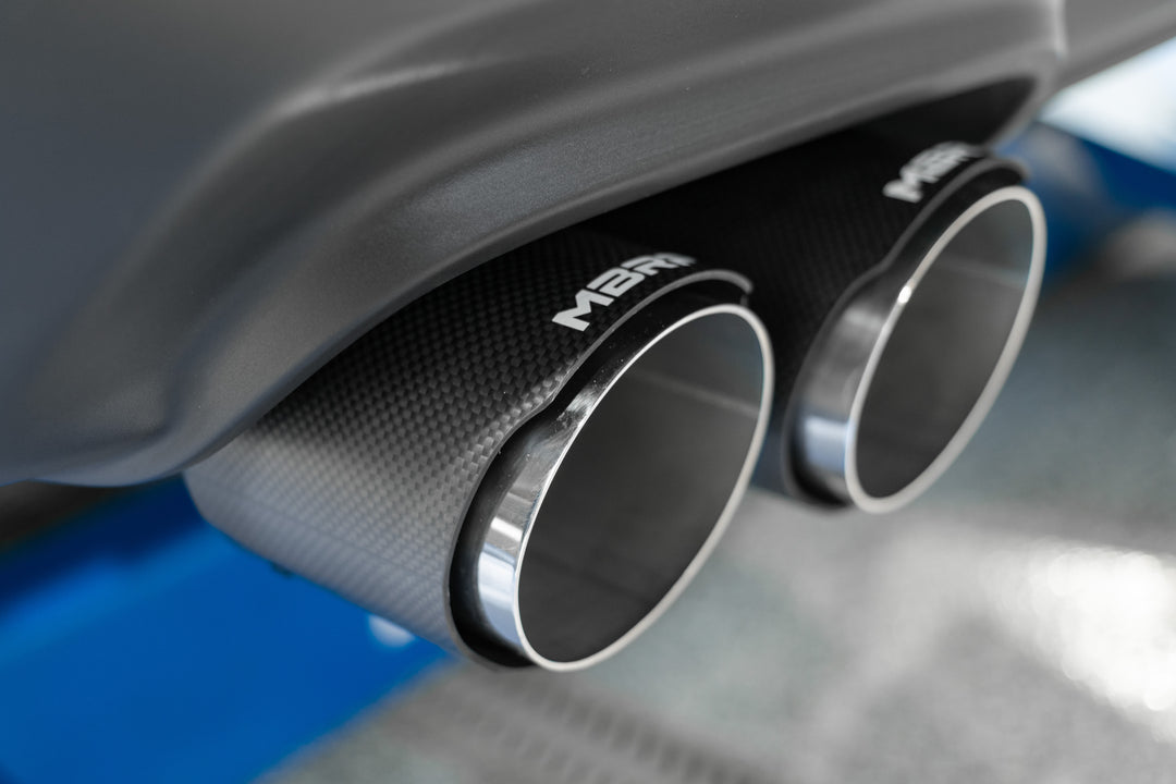 MBRP 15-23 Dodge Challenger T304 Stainless Steel 3" Dual Cat Back Quad Tips with Carbon Fiber Tips (Race S71143CF