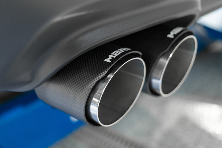 MBRP 15-23 Dodge Challenger T304 Stainless Steel 3" Dual Cat Back Quad Tips with Carbon Fiber Tips (Race S71143CF