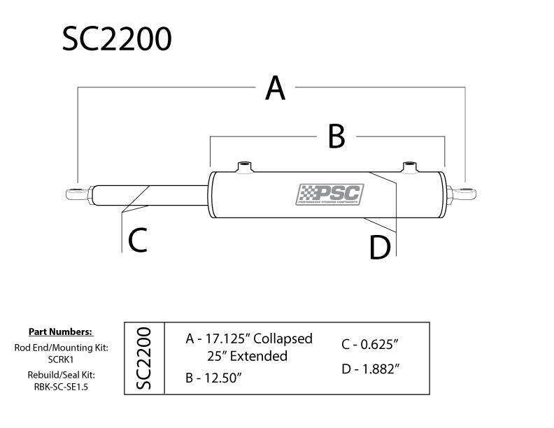 PSC Assist Cylinder Single-Ended 1.5" x 8" SC2200 | SKU SC2200