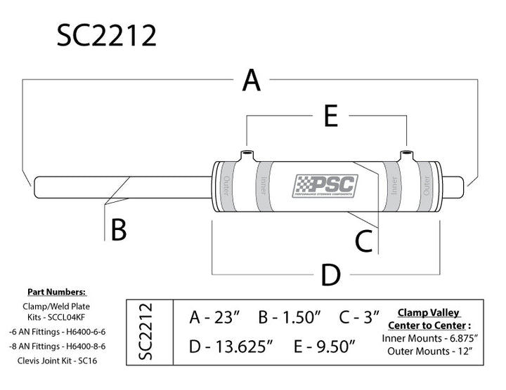 PSC Double-Ended Steering Cylinder, 2.5" Bore x 8" Stroke x 1.5" Rod SC2212 | SKU SC2212