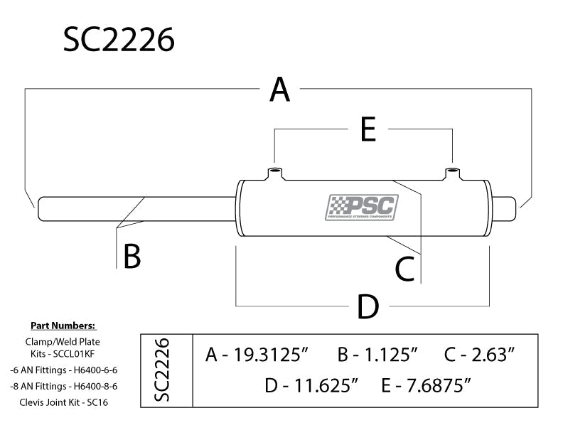 PSC Full Hydraulic Cylinder Double-Ended 2.25" Bore x 6" Stroke x 1.125" Rod SC2226 | SKU SC2226