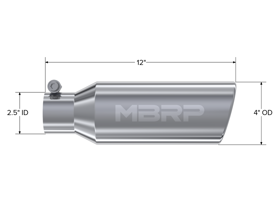 MBRP 4" OD 2.5" Inlet 12" Length Exhaust Tail Pipe TipAngled Cut Rolled End Clampless-No Weld T304 Stainless T5150