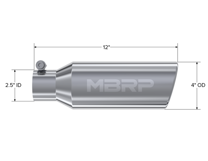 MBRP 4" OD 2.5" Inlet 12" Length Exhaust Tail Pipe TipAngled Cut Rolled End Clampless-No Weld T304 Stainless T5150