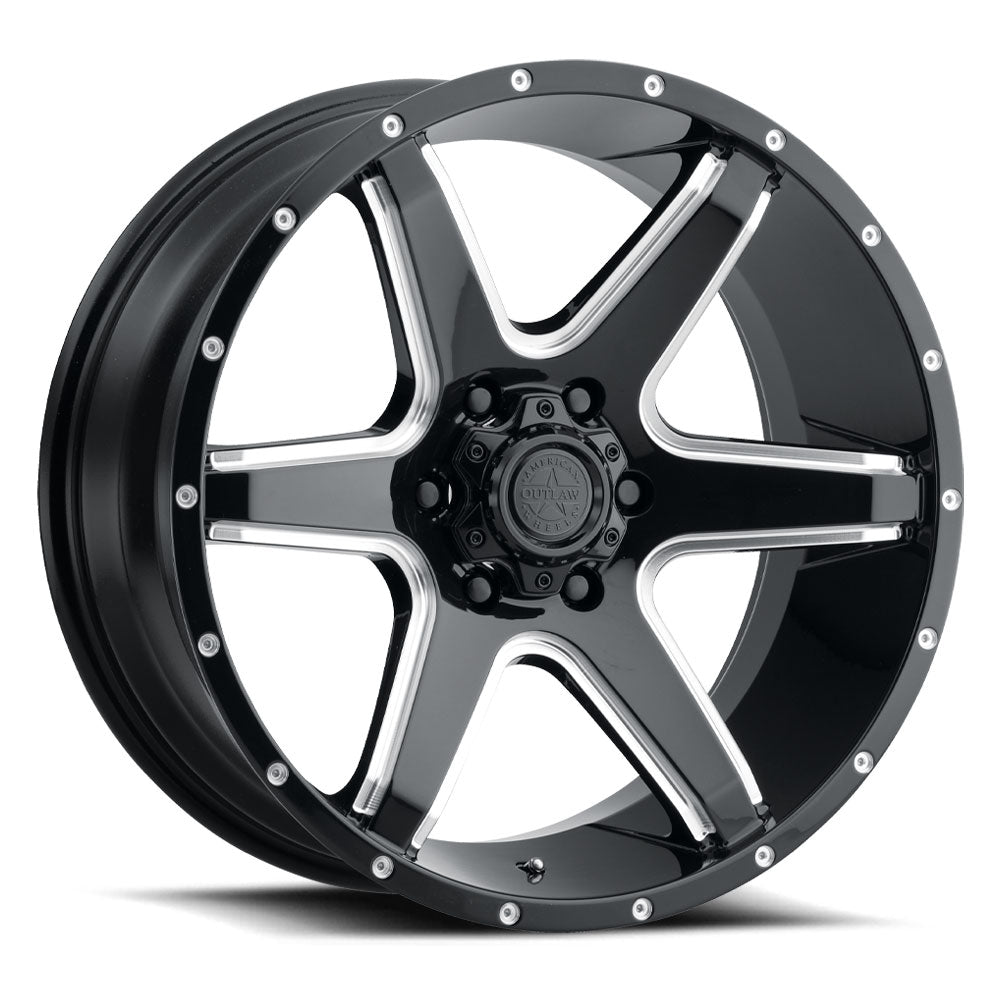 American Outlaw Six Shooter | 17x8.5 | 6 On 139.7 | Offset 0 | Gloss Black with Milled Spokes | SKU AO140-7883BM