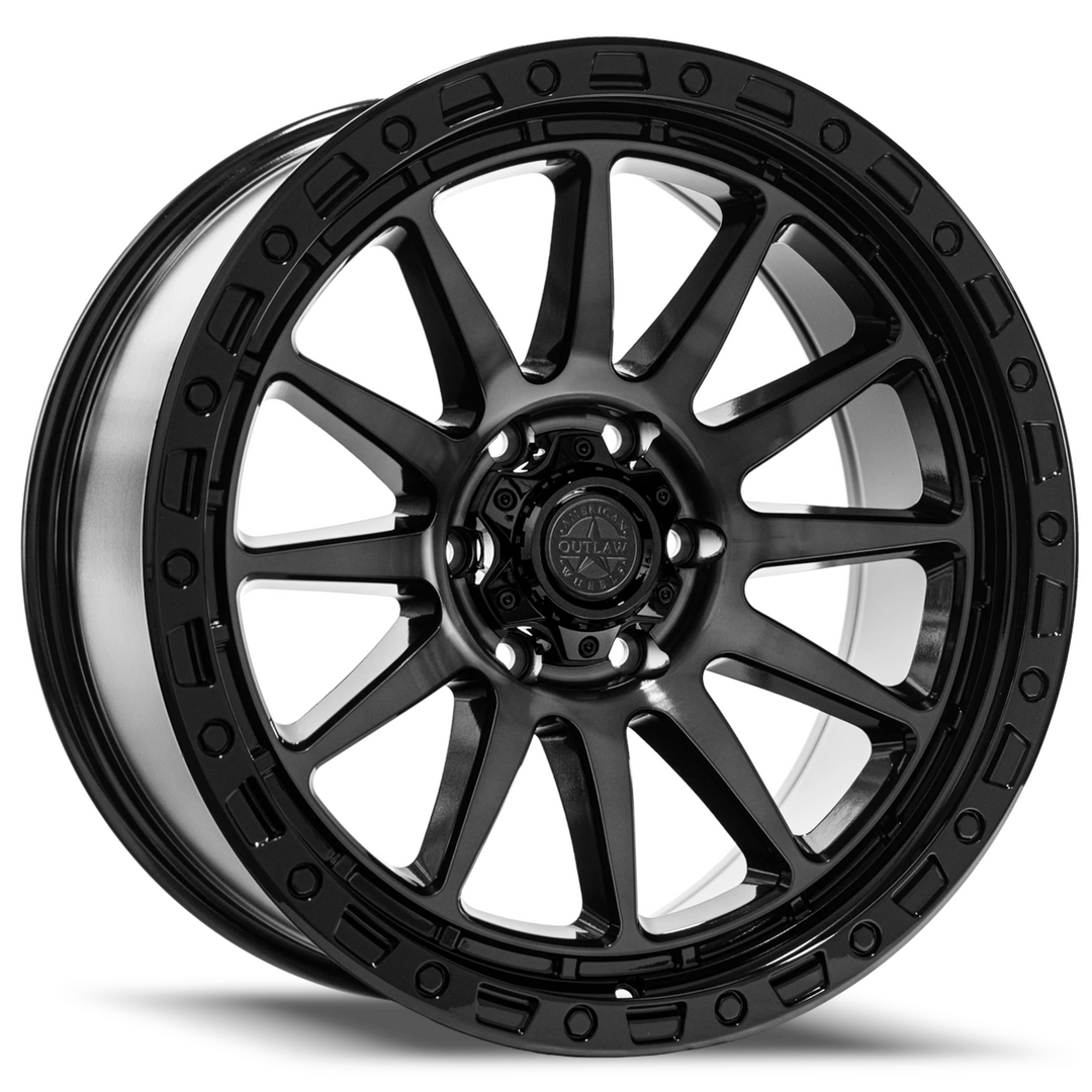 American Outlaw Spike | 20x9 | 6 On 139.7 | Offset 0 | Gloss Black with Machined Dark Tint Spokes | SKU 143-2983BT