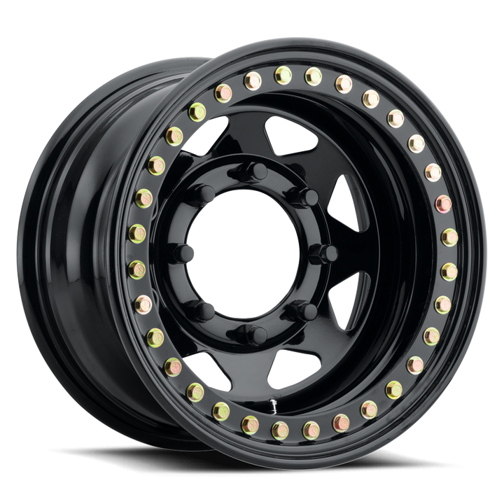 Raceline Rock 8 Spoke RT80 15x8 8 on 165.1 -19 Offset Gloss Black Beadlock