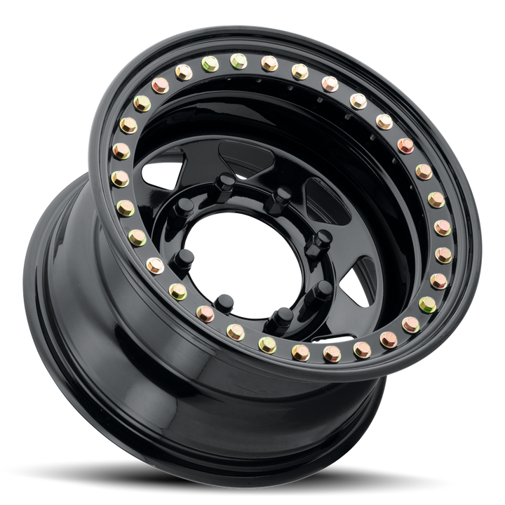 Raceline Rock 8 Spoke RT80 15x8 8 on 165.1 -19 Offset Gloss Black Beadlock