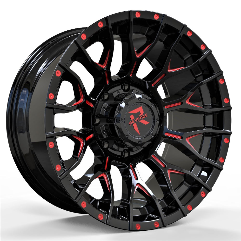 Revenge Offroad RV-201 | 20x10 | 8 On 180 | Offset -19 | Gloss Black with Red Milled Spokes | SKU RV201-20108180-19BRW