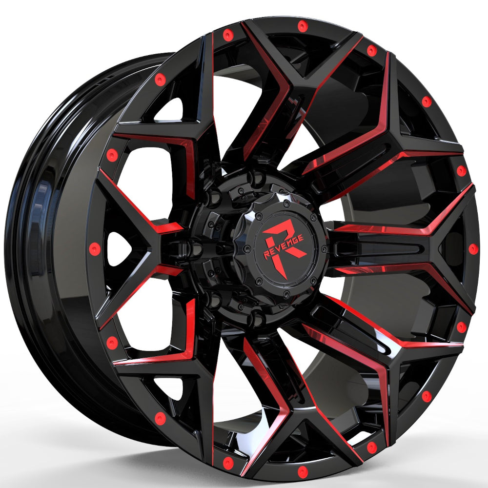 Revenge Offroad RV-202 | 22x10 | 5 On 139.7/150 | Offset -19 | Gloss Black with Red Milled Spokes | SKU RV202-221051397150-19BRW