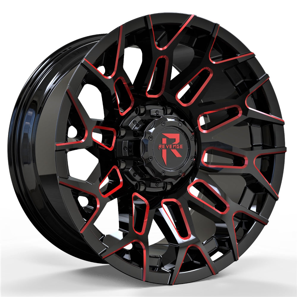 Revenge Offroad RV-203 | 20x10 | 8 On 170 | Offset -19 | Gloss Black with Red Milled Spokes | SKU RV203-20108170-19BRW